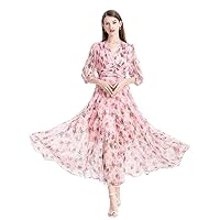 Women's Silk Dress, Summer New V-Neck Seven-Point Sleeve Slimming French Floral Skirt Tea Length Tea Break Dress (Large)