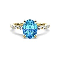 2.88 ctw Blue Topaz Oval Shape (9 x 7 mm) alternating Side Marquise & Round Lab Grown Diamond Hidden Halo Engagement Ring in 14K Gold