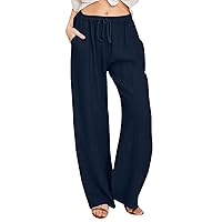 SNKSDGM Women's Linen Pants Casual Loose Fit High Waist Belted Wide Leg Business Work Palazzo Pants Trouser with Pocket