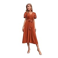 TINMIIR Summer Dress for Women Solid V neck Layered Sleeve Belted A Line Midi Dress