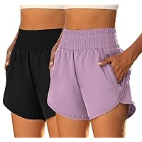 Fengbay Women's Athletic Shorts High Waisted Running Shorts Pocket Sporty Shorts Gym Elastic Workout Shorts Black+Purple