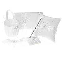 Five Wedding Accesorries Sets White Wedding Guest Wedding Ceremony Supplies Party Favor Sets Wedding Flower Girl Basket Guest Book Pen with Ring Pillow and Garter