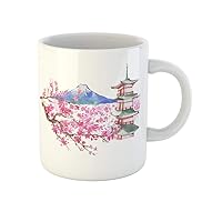 Coffee Mug Pink Mt Fuji and Chureito Pagoda Cherry Blossom Watercolor 11 Oz Ceramic Tea Cup Mugs Best Gift Or Souvenir For Family Friends Coworkers