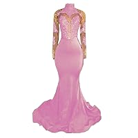 Long Sleeves Mermaid Backless Prom Dresses Girls Gold Lace See Through High Neck Party Gowns