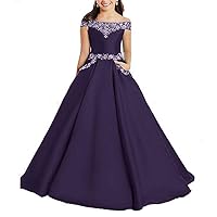 Girl's Satin Beaded Pageant Dress with Pockets A Line Off Shoulder Princess Ball Gown Grape