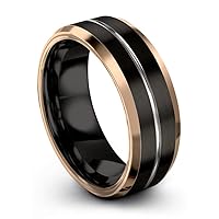 Tungsten Wedding Band Ring 8mm for Men Women Bevel Edge Black 18K Rose Gold Grey Center Line Brushed Polished