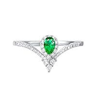 Amazing Elegant Deep V Shape Natural Emerald Gemstone Diamond Solid 14K White Gold Engagement Wedding Promise Ring for Women