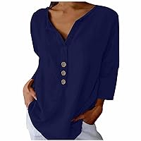 Women's 3/4 Sleeve Shirts Casual Summer Tops Solid Work Blouses Soft Henley Tshirts Loose Fit Tunic Tops Comfy Tees