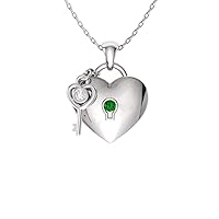 Diamondere Natural and Certified Gemstone and Diamond Love Lock and Key Heart Necklace in 14k White Gold |0.02 Carat Pendant with Chain