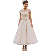 Party Cap Sleeves Tea Length Aline Bridal Women Ball Gown Wedding Dresses for Bride with lace White Ivory