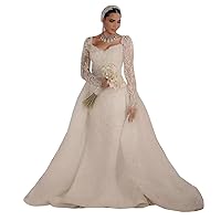Plus Size Lace Sequins Detachable Train Bridal Ball Gowns Beach Mermaid Wedding Dresses for Bride with Long Sleeves