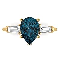 Clara Pucci 2.47ct Pear Baguette cut 3 stone Solitaire accent Natural London Blue Topaz gemstone designer Modern Ring 14k Yellow Gold