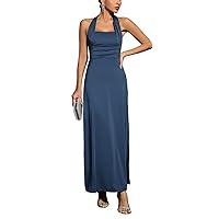 Women Halter Neck Backless Bodycon Maxi Dress Sexy Elegant Strapless Ruched High Slit Formal Long Dresses