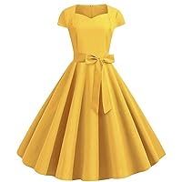 Casual Dresses for Women Trendy Elegant Vintage Solid Color Cap Sleeve Pleated Soft Lightweight Dress with Belt