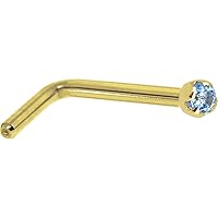 Body Candy Solid 14k Yellow Gold 1.5mm Genuine Blue Topaz L Shaped Nose Stud Ring 18 Gauge 1/4