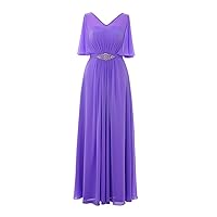 Sheergirl Women's Prom Dress Solid Chiffon V-Neck Short Sleeve Beading Lace Applique Formal Gowns for Wedding Evening Party