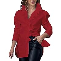Spring Office Solid Color Women's Shirts Sexy V Neck Long Sleeve Shirts Fashionable Ruffled Button-Down Shirts Large Size