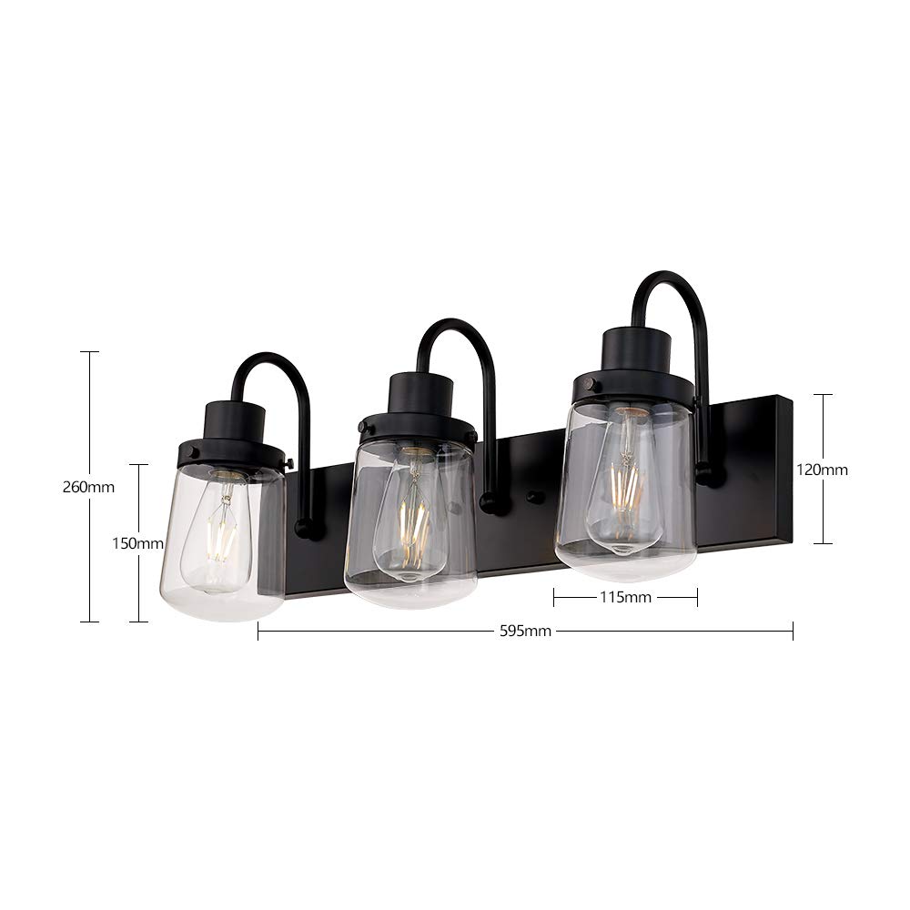 Yaohong Industrial Wall Sconce 3-Lights Modern Vanity/Bathroom Lamp in Black with Clear Glass Shades Wall Mount Light Fixtures for Hallway Kitchen Living Room
