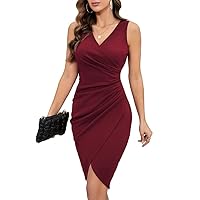 IHOT 2024 Women's Sexy V Neck Sleeveless Faux Wrap Ruched Sheath Bodycon Cocktail Party Work Dress