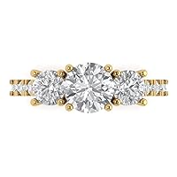 2.02 Ct Brilliant Round Cut Clear Simulated Diamond 14K Yellow Gold Solitaire with Accents Three Stone Statement Ring