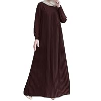 Womens Abaya Long Sleeve Muslim Dress Casual Kaftan Elegant Pleated Skirt Solid Color Round Neck Prayer Ramadan Eid
