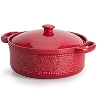 FUN ELEMENTS Casserole Dish, 2 Quart Lace Emboss Casserole Dish with Lid, Oven to Table Ceramic Round Serving Dish with Handles for Dinner and Party(Christmas Red)
