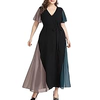 Women Short Sleeve Maxi Dress Sash Waist Fit Flare Evening Dress V-Neck Summer Elegant Chiffon Party Dress