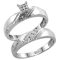 Genuine 925 Sterling Silver Diamond Trio Wedding Sets for Him and Her L Grooves 3-piece 6mm & 4.5mm wide 0.10 cttw Brilliant Cut sizes 5-14