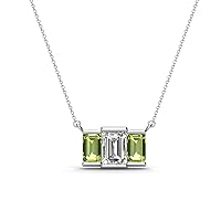 Emerald Cut GIA Certified Natural Diamond & Peridot 1 1/5 ctw Women Three Stone Pendant Necklace 14K Gold