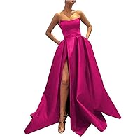 VeraQueen Women's Sexy Strapless Satin Prom Dress High Slit Sleeveless Evening Ball Gown with Pockets