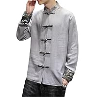 Linen Shirts Chinese Style Sleeve Retro Buttoned Shirt Stand-up Collar Size Tops