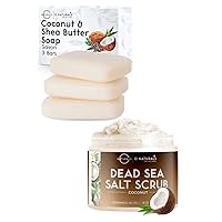 O Naturals 3-Pack Organic Coconut & Shea Butter Soap Bar & Coconut Oil Dead Sea Salt Scrub 18oz Bundle - 100% Vegan Bar Soap Handmade Soap, Exfoliationg Face and Body Scrub