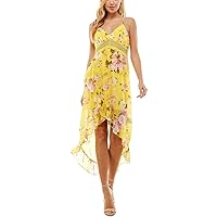 Womens Juniors Floral Printed Hi-Low Midi Dress Yellow XL