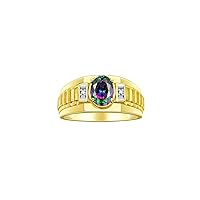 Rylos Men's Rings Classic Designer Style 8X6MM Oval Gemstone & Sparkling Diamond Ring - Color Stone Birthstone Rings for Men, in Yellow Gold Plated Silver, Sizes 8-13. Men's Jewelry!