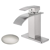 Waterfall Spout Bathroom Faucet Single Handle Bath Vanity Sink Faucet with Deck Mount,Water Supply Hoses Included (7.5 inch with Pop Up Drain,Nickel)
