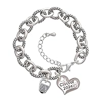 Silvertone Chinese Take Out Box with Crystal - Class of 2024 Heart Charm Link Bracelet, 7.25+1.25