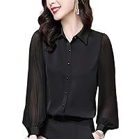 Elegant Chiffon Blouses Women Collar Office Shirt Thin Top Pleated Long Sleeves Mom Summer