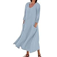 Summer Casual Loose Fit Print Dresses with Pockets Long Sleeve Crewneck Dresses Fit and Flare Dress for Holiday Party