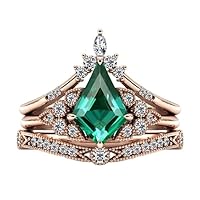Vintage 1 CT Kite Shaped Emerald Engagement Ring Set 14k Gold Emerald Wedding Ring Set For Women 3 Piece Filigree Bridal Ring Set Antique Unique Anniversary Ring Set Promise Ring Set
