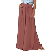 Wide Leg Women Pants Lightweiht Waist Adjustable Drawstring Summer Boho Flowy Palazzo Pants Beach Pants with Pockets