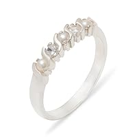 Solid 925 Sterling Silver Cultured Pearl & Diamond Womens Eternity Band Ring (0.11 cttw, H-I Color, I2-I3 Clarity)