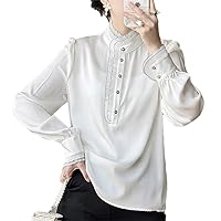 Vintage Shirts Blouses for Women Spring Summer Long Sleeve Tops Woman Black White Shirt Real Silk Women's Blouse