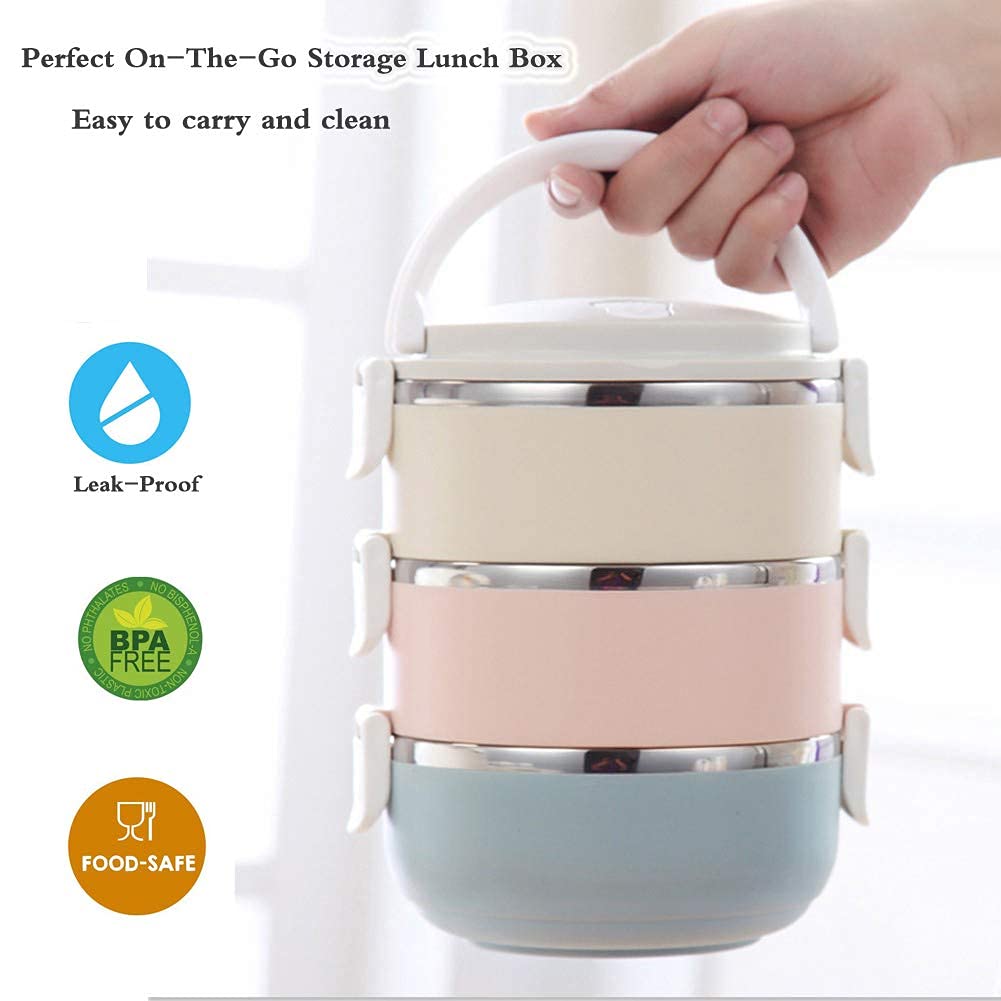 Bento Lunch Box Stackable Stainless Steel Thermos Leakproof 3 Layer Fork/Spoon 