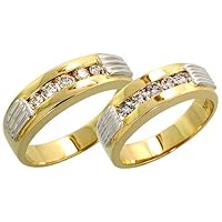 14k Two-tone Gold Grooved Band Diamond Wedding Set (Ladies': 5mm; Men's: 6mm), w/ 0.66 Carat Brilliant Cut Diamonds, (Men's Size: 9-12); Ladies' size 7