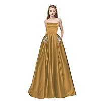 Women's Strapless Stain Prom Dress A Line with Beaded Pockets Party Evening Dress Lace Up Back