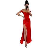 Off Shoulder Bridesmaid Dresses Satin for Women 2024 Ball Gown Mermaid Pleated Corset Prom Dress Long with Slit DE104