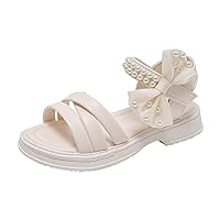 Kids Girls Open Toe Thick Soled Pearl Sandals Bowknot Beach Casual Soft Anti Slip High Top Princess Dress Shoes