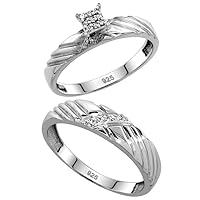 Genuine 925 Sterling Silver Diamond Trio Wedding Sets for Him and Her Grooved Top 3-piece 5mm & 3.5mm wide 0.11 cttw Brilliant Cut sizes 5-14