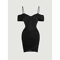 Fall Dresses for Women 2023 Cold Shoulder Ruched Bodycon Dress Dresses for Women (Color : Black, Size : X-Small)