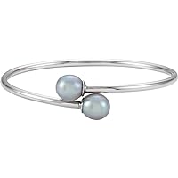 925 Sterling Silver Cultured Gray Freshwater Pearl 9.5 10mm Polished Gray Pearl Flexible Cuff Stackable Bangle Bracelet Jewelry for Women